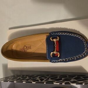 One One Navy and Tan Loafers for Women